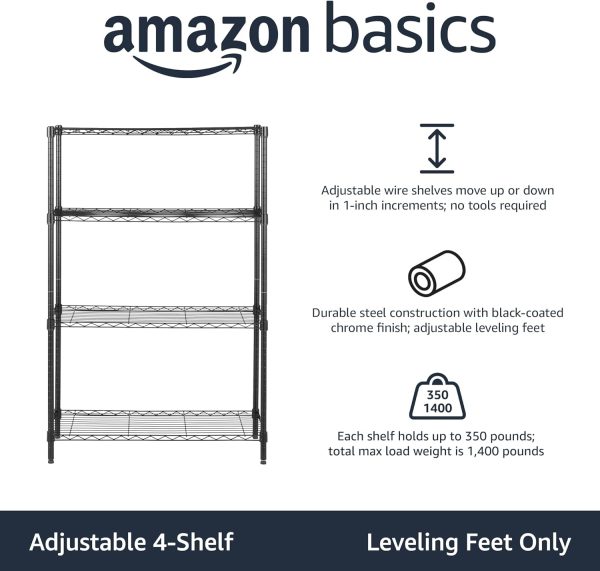 Amazon Basics 4-Shelf Adjustable Heavy Duty Steel Wire Rack Storage Shelving Organizer for Kitchen, Garage, 36" L x 14" W x 54" H, Black - Image 2