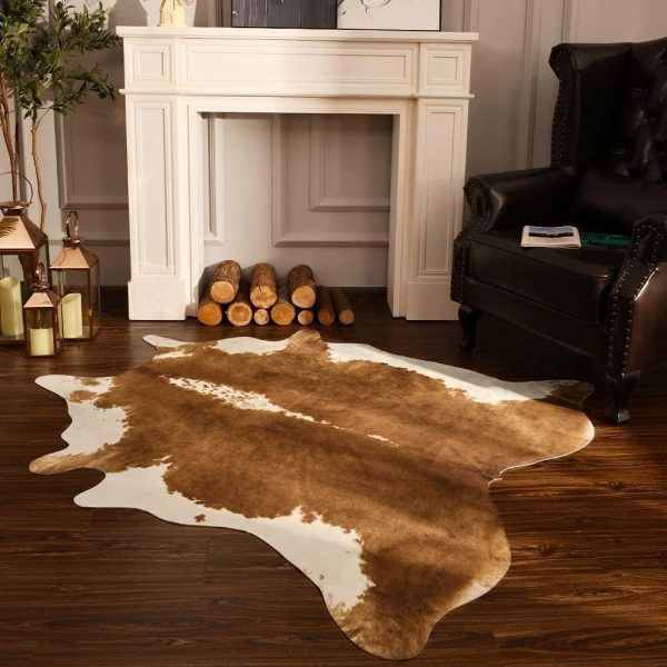 BENRON Premium Cowhide Rug Accent Western Rug 4.6x5.2ft Faux Cow Hide Rug Rustic Animal Rug Cute Cow Print Rug Stylish Rugs for Living Room Bedroom Leahther Carpets for Cowboy Cowgirl,Khaki Brown