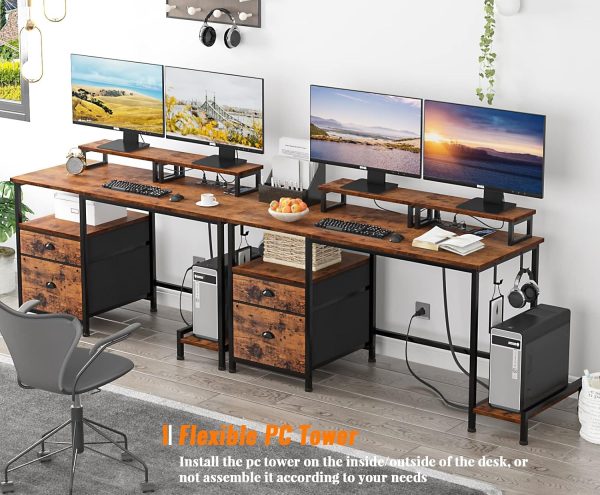 Furologee Computer Desk with Drawer and Power Outlets, 47" Office Desk with 2 Monitor Stands and Fabric File Cabinet, Writing Gaming Table with Shelves and 2 Hooks for Home Office, Rustic Brown - Image 2