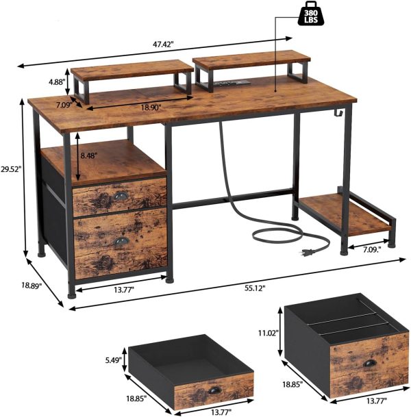 Furologee Computer Desk with Drawer and Power Outlets, 47" Office Desk with 2 Monitor Stands and Fabric File Cabinet, Writing Gaming Table with Shelves and 2 Hooks for Home Office, Rustic Brown - Image 3