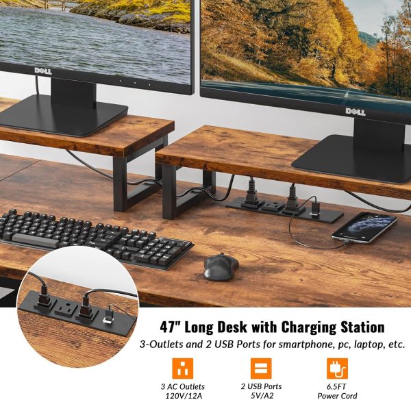 Furologee Computer Desk with Drawer and Power Outlets, 47" Office Desk with 2 Monitor Stands and Fabric File Cabinet, Writing Gaming Table with Shelves and 2 Hooks for Home Office, Rustic Brown - Image 4
