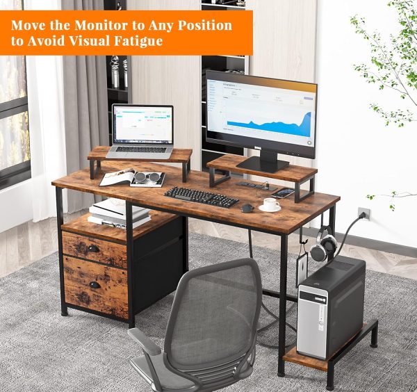 Furologee Computer Desk with Drawer and Power Outlets, 47" Office Desk with 2 Monitor Stands and Fabric File Cabinet, Writing Gaming Table with Shelves and 2 Hooks for Home Office, Rustic Brown - Image 5