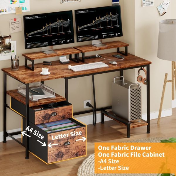 Furologee Computer Desk with Drawer and Power Outlets, 47" Office Desk with 2 Monitor Stands and Fabric File Cabinet, Writing Gaming Table with Shelves and 2 Hooks for Home Office, Rustic Brown - Image 6