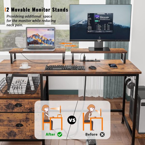 Furologee Computer Desk with Drawer and Power Outlets, 47" Office Desk with 2 Monitor Stands and Fabric File Cabinet, Writing Gaming Table with Shelves and 2 Hooks for Home Office, Rustic Brown - Image 7