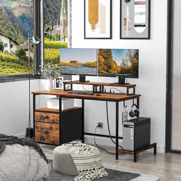 Furologee Computer Desk with Drawer and Power Outlets, 47" Office Desk with 2 Monitor Stands and Fabric File Cabinet, Writing Gaming Table with Shelves and 2 Hooks for Home Office, Rustic Brown - Image 8