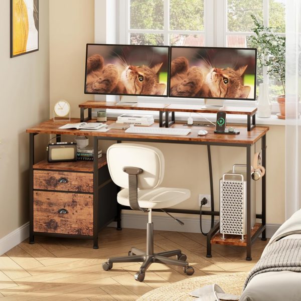 Furologee Computer Desk with Drawer and Power Outlets, 47" Office Desk with 2 Monitor Stands and Fabric File Cabinet, Writing Gaming Table with Shelves and 2 Hooks for Home Office, Rustic Brown - Image 9