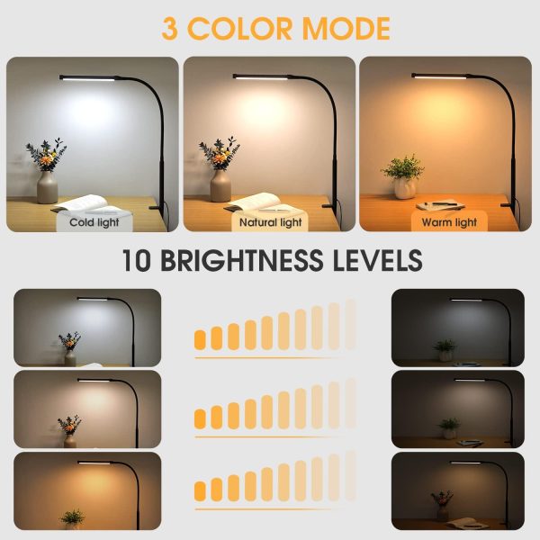 LED Desk Lamp with USB Ports,Touch Desk Lamps for Home Office with 5 Color Modes,3 Brightness Desk Light with Small Night Light,Reading Lamp Table Lamp for Bedroom Bedside Study Black （with adapter） - Image 2