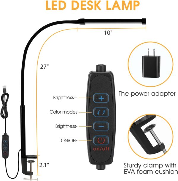 LED Desk Lamp with USB Ports,Touch Desk Lamps for Home Office with 5 Color Modes,3 Brightness Desk Light with Small Night Light,Reading Lamp Table Lamp for Bedroom Bedside Study Black （with adapter） - Image 4