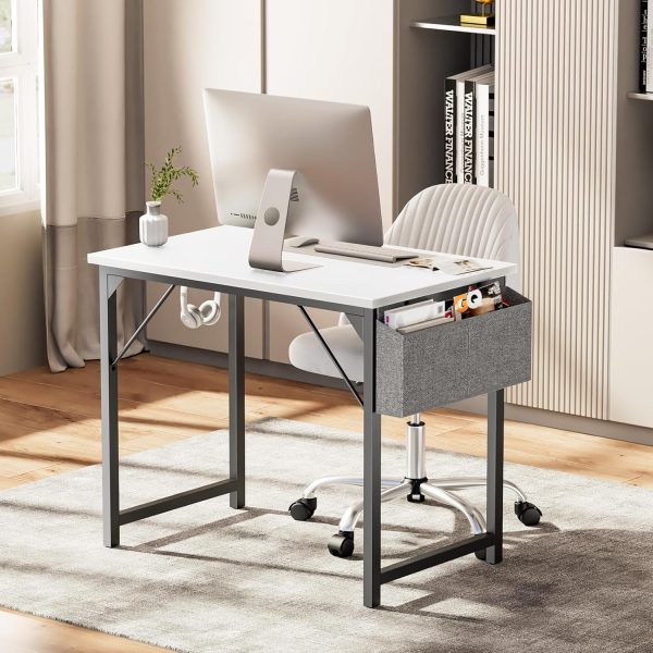 Sweetcrispy Computer Desk - 32 Inch Small Office Writing Work Study Kids Student Teacher Home Bedroom Table Storage Bag Headphone Hooks & no Wheels - White - Image 6